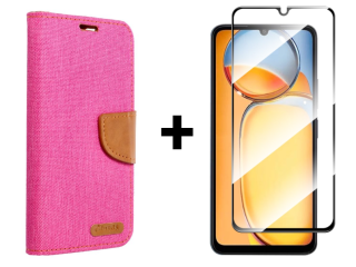SKLO + PUZDRO 2v1 pre Xiaomi Redmi 13C - Knižkové puzdro CANVAS ružovo hnedé