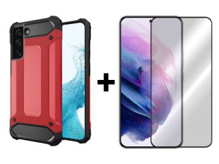 SKLO + KRYT 2v1 pre Samsung Galaxy S22 - Tvrdený Zadný kryt HYBRID červený