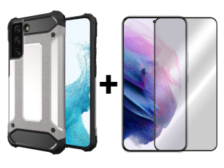 SKLO + KRYT 2v1 pre Samsung Galaxy S22 - Tvrdený Zadný kryt HYBRID sivý