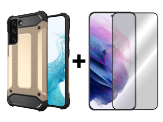 SKLO + KRYT 2v1 pre Samsung Galaxy S22 - Tvrdený Zadný kryt HYBRID zlatý