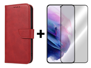 SKLO + PUZDRO 2v1 pre Samsung Galaxy S22 - Peňaženkové puzdro BUCKLE červené