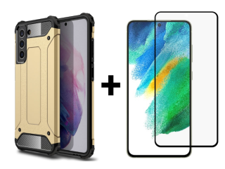 SKLO + KRYT 2v1 pre Samsung Galaxy S21 FE 5G - Tvrdený Zadný kryt HYBRID zlatý