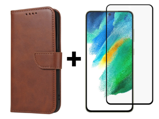 SKLO + PUZDRO 2v1 pre Samsung Galaxy S21 FE 5G - Peňaženkové puzdro BUCKLE hnedé