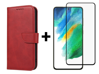 SKLO + PUZDRO 2v1 pre Samsung Galaxy S21 FE 5G - Peňaženkové puzdro BUCKLE červené