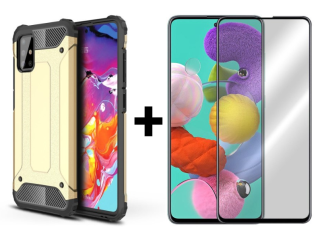 SKLO + KRYT 2v1 pre Samsung Galaxy A51 - Tvrdený Zadný kryt HYBRID zlatý