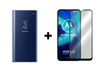 9D SKLO + PÚZDRO 2v1 pre Motorola G8 Power Lite Knižkové Clear View modré