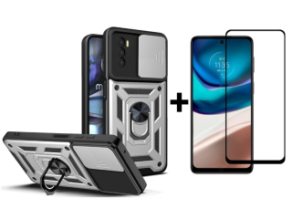 SKLO + KRYT 2v1 pre Motorola Moto G42 - Tvrdený Zadný kryt RING ARMOR sivý