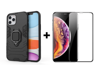 9D SKLO + KRYT 2v1 pre Apple iPhone 12 / 12 Pro - Armor ring čierne