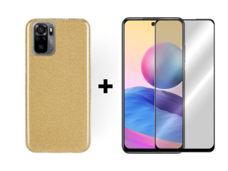 9D SKLO + PÚZDRO 2v1 pre Xiaomi Redmi Note 10 / 10s - Glitter strieborno zlaté
