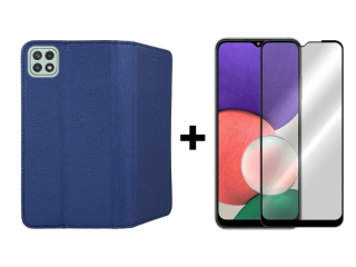 9D SKLO + PÚZDRO 2v1 pre Samsung Galaxy A22 5G - Smart Magnet modré