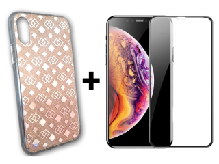 9D SKLO + KRYT 2v1 pre Apple iPhone X , XS - GLITTER GEOMETRIC zlatý