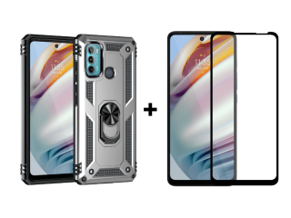 9D SKLO + PÚZDRO 2v1 pre Motorola Moto G60 - Armor ring sivé