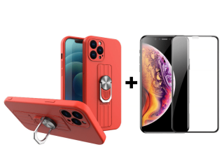 9D SKLO + KRYT 2v1 pre Apple iPhone 11 - Armor Ring grip červené