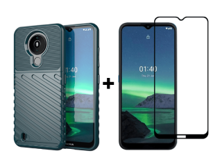 9D SKLO + PÚZDRO 2v1 pre Nokia 1.4 - Tvrdený silikónový Thunder zelený
