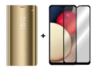 9D SKLO + PÚZDRO 2v1 pre SAMSUNG GALAXY A02s Knižkové Clear View zlaté