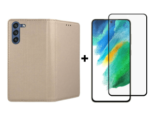 9D SKLO + PÚZDRO 2v1 pre Samsung Galaxy S21 FE 5G - Knížkove Magnet zlaté