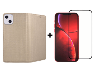 9D SKLO + PÚZDRO 2v1 pre Apple iPhone 13 Mini - Knižkové Smart Magnet zlaté
