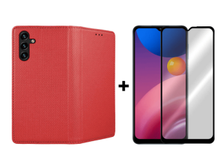 9D SKLO + PÚZDRO 2v1 pre Samsung Galaxy A13 5G / A04s - Knižkové MAGNET červené