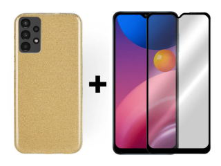 9D SKLO + PÚZDRO 2v1 pre Samsung Galaxy A13 4G - Silikónové Glitter zlaté