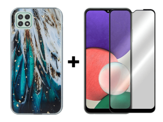 9D SKLO + PUZDRO 2v1 pre Samsung Galaxy A22 5G - Silikónové Glam Feathers
