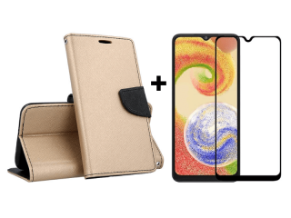 SKLO + PUZDRO 2v1 pre Samsung Galaxy A13 5G / A04s - Knižkové FANCY zlato čierne
