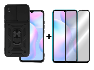 9D SKLO + PUZDRO 2v1 pre Xiaomi Redmi 9A - Ring Armor Slide čierne