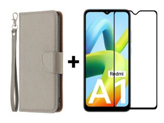 SKLO + PUZDRO 2v1 pre Xiaomi Redmi A1 / Redmi A2 - Knižkové Solid sivé