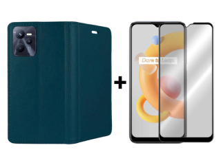 9D SKLO + PUZDRO 2v1 pre Realme C35 - Knižkové Magnet zelené