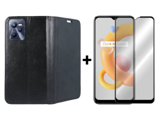 9D SKLO + PUZDRO 2v1 pre Realme C35 - Knižkové Magnet čierne
