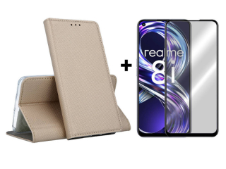 9D SKLO + PUZDRO 2v1 pre Realme 8i - Knižkové SMART MAGNET zlaté