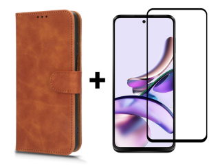 9D SKLO + PUZDRO 2v1 pre Motorola Moto G23 / G13 - Knižkové puzdro SOLID hnedé