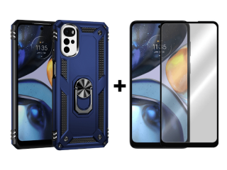 9D SKLO + PÚZDRO 2v1 pre Motorola Moto G22 - Tvrdený Ring Armor modré