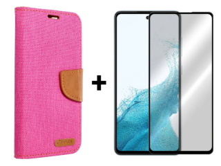 9D SKLO + PUZDRO 2v1 pre Samsung Galaxy A54 5G - Knižkové CANVAS ružovo hnedé