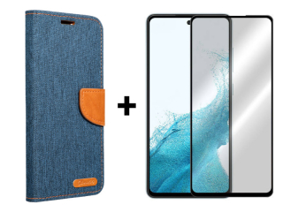 9D SKLO + PUZDRO 2v1 pre Samsung Galaxy A54 5G - Knižkové CANVAS modro hnedé