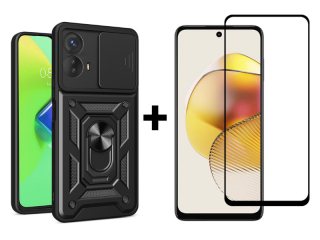 9D SKLO + PUZDRO 2v1 pre Motorola Moto G73 5G - Tvrdené RING ARMOR čierne