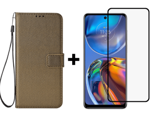 9D SKLO + PUZDRO 2v1 pre Motorola Moto E32 / E32s - Knižkové Texture hnedé