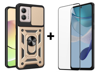 9D SKLO + PUZDRO 2v1 pre Motorola Moto G53 5G - Tvrdené RING ARMOR zlaté
