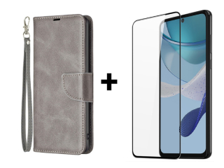 9D SKLO + PUZDRO 2v1 pre Motorola Moto G53 5G - Knižkové LEATHER sivé
