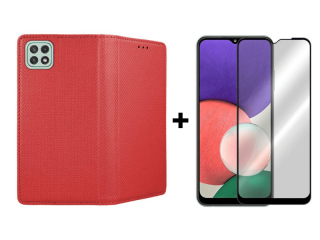9D SKLO + PÚZDRO 2v1 pre Samsung Galaxy A22 5G - Smart Magnet červené