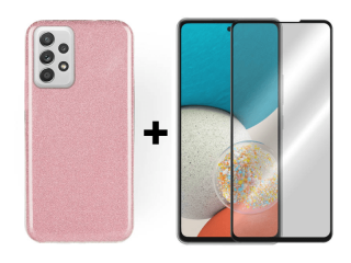9D SKLO + PÚZDRO 2v1 pre Samsung Galaxy A53 5G - Silikónové Glitter ružové
