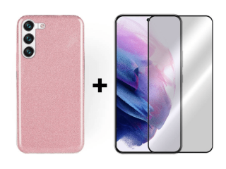 9D SKLO + PÚZDRO 2v1 pre Samsung Galaxy S22 - Silikónové Glitter ružové