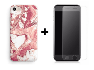 SKLO + PÚZDRO 2v1 pre iPhone 7, 8, SE 2 -  Silikónový Marble ružový