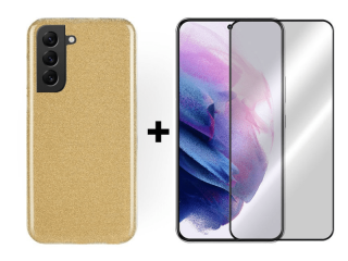 9D SKLO + PÚZDRO 2v1 pre Samsung Galaxy S22 - Glitter zlaté