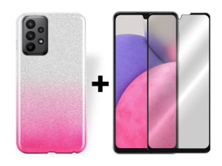 9D SKLO + PUZDRO 2v1 pre Samsung Galaxy A33 5G - Glitter ružovo strieborné
