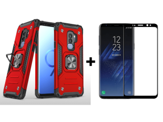 9D SKLO + PUZDRO 2v1 pre Samsung Galaxy S9 Plus - Ring Armor červené