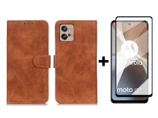 9D SKLO + PUZDRO 2v1 pre Motorola Moto G32 - Knižkové KHAZNEH hnedé