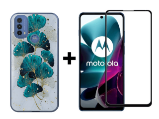 9D SKLO + PUZDRO 2v1 pre Motorola Moto E20 / E30 / E40 - Silikónové Leaves