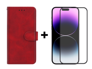 9D SKLO + PUZDRO 2v1 pre Apple iPhone 14 Pro - Knižkové solid červené