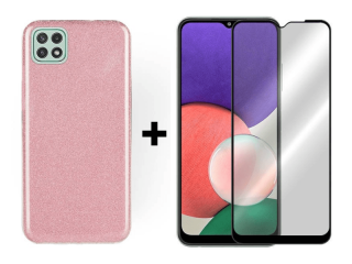 9D SKLO + PUZDRO 2v1 pre Samsung Galaxy A22 5G - Silikónové Glitter ružové