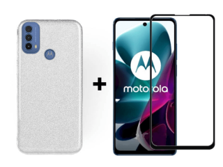 SKLO + PUZDRO pre Motorola Moto E20 / E30 / E40 - Silikónové Glitter strieborné